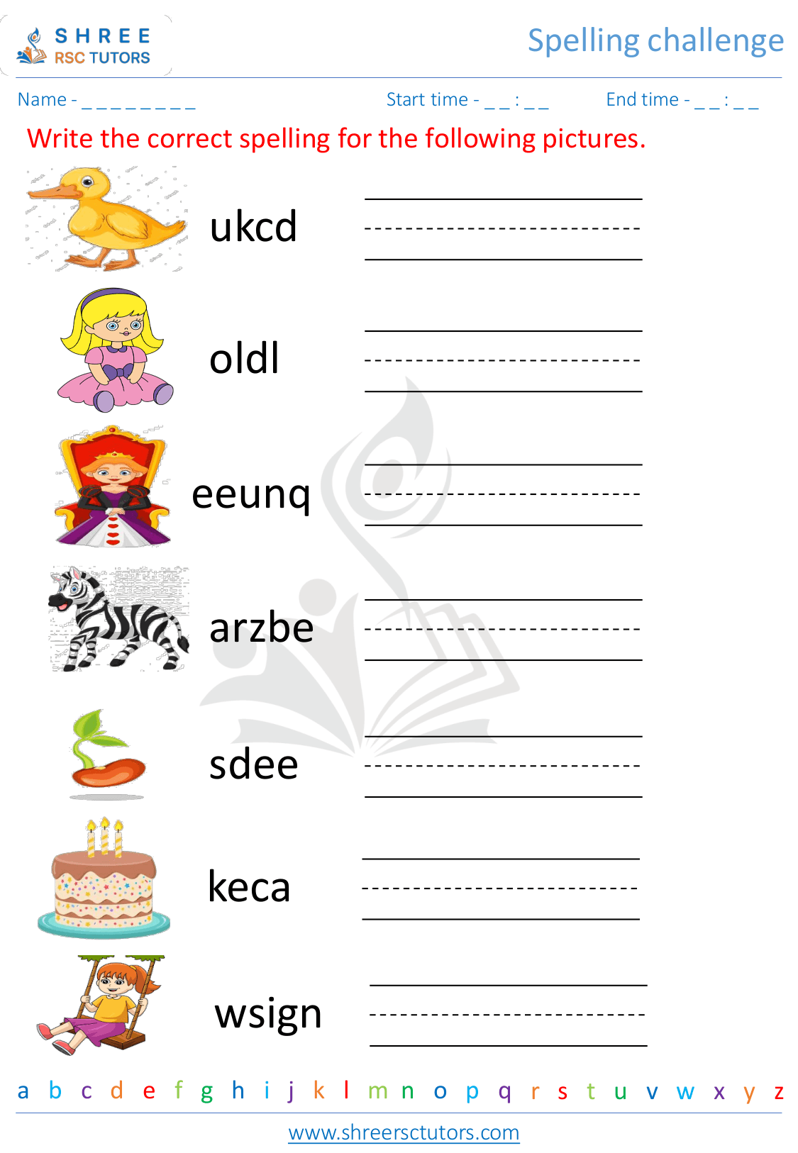 Spelling challenge worksheets for Grade 2 English shree rsc tutors